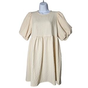 MABLE Cream Textured Puff Sleeve Babydoll Mini Dress Size S Romantic NWT Prairie